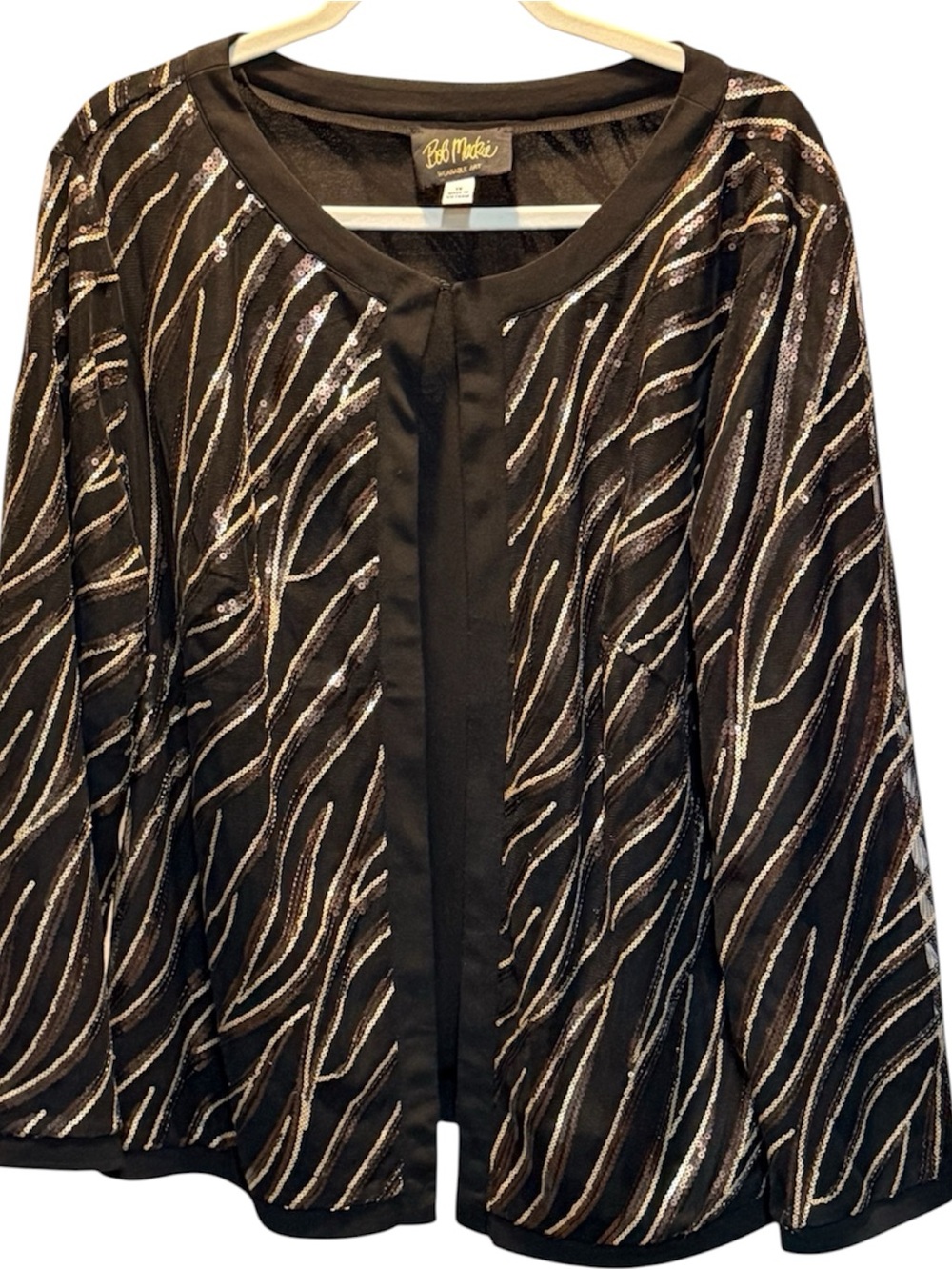 Bob Mackie Wearable Art Sequin Cardigan | Black Brown Silver | Plus 1X